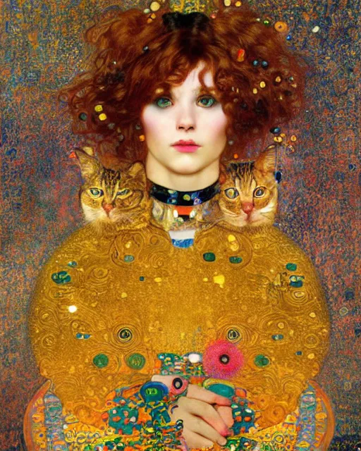 Prompt: magician cat portrait an oil painting splashes with many colors and shapes by gustav klimt greg rutkowski and alphonse mucha, polycount, generative art, psychedelic, fractalism, glitch art