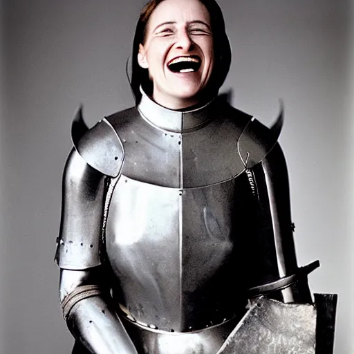 Prompt: Candid portrait photograph of Joan of Arc laughing taken by Annie Leibovitz