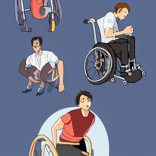Prompt: a wholesome animation key shot of a handsome a wheelchair guy fitness posing, studio ghibli, pixar and disney animation, sharp, dramatic lighting