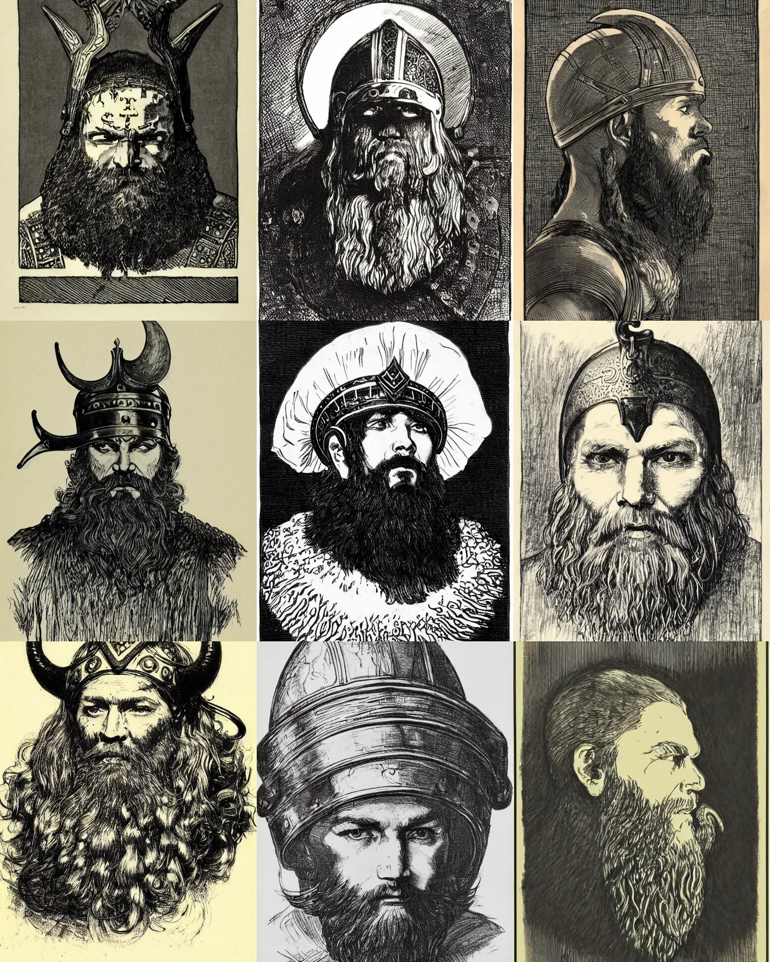 Prompt: detailed black ink drawing a head of a beared viking wearing horn helmet, white background, front face symmetrical, trending on artstation by edwin austin abbey, howard pyle, maxfield parrish, frederic remington, charles dana gibson, rockwell kent
