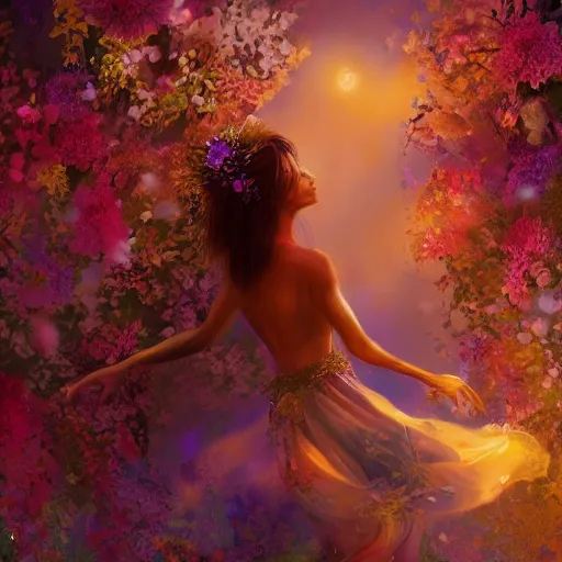 Prompt: summer scene of a spirit of a woman composed by the exquise blossom of flowers, dances in the air majestically, breathtaking, intricate, elegant, beautiful, exotic, fantasy, concept art, digital art, magical scene, cinematic, golden hour, rich moody colors, 8 k, hi - res, uhd