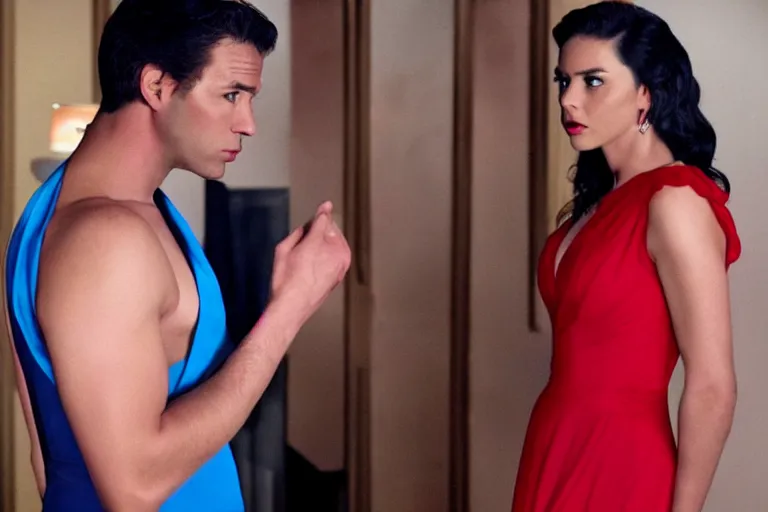 Image similar to full body film still of a man longingly looking at a woman in a red dress as a woman in a blue dress looks dissapointedly at the man in the new romance movie, dramatic angle, dramatic lighting