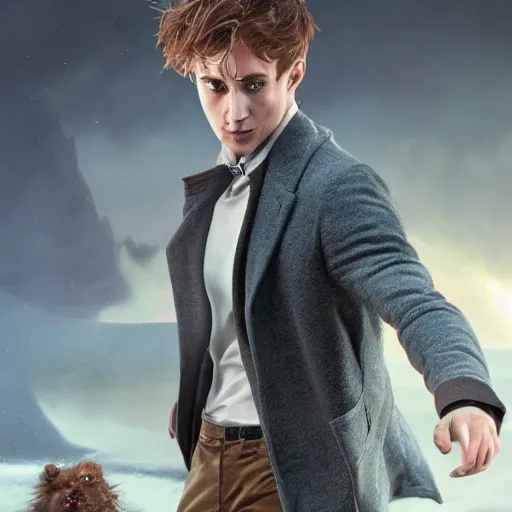 Prompt: hyperrealistic mixed media high resolution, scamander from harry potter with his creatures , stunning 3d render inspired art by István Sándorfi and Greg Rutkowski and Unreal Engine, perfect symmetry, dim volumetric lighting, 8k octane beautifully detailed render, post-processing, extremely hyper-detailed, intricate, epic composition, highly detailed attributes, highly detailed atmosphere, full body shot, cinematic lighting, masterpiece, no trending on artstation, very very detailed, masterpiece, stunning, flawless structure, lifelike texture, perfection,