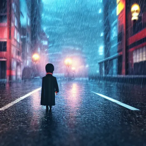 Prompt: joker walking in the rain, night life buildings, accompanied by small puppy dog in the background walking, sad mood, low angle, realistic, intricate, detailed, 4 k, 8 k, wallpaper, octane render, unreal engine, global illumination, ray tracing,