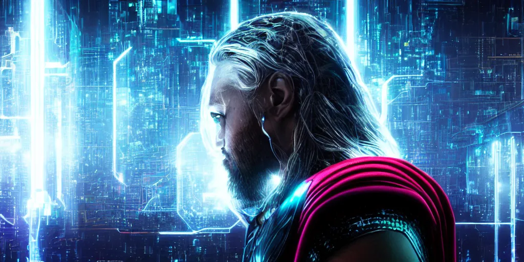 Image similar to Thor, cyberspace, cyberpunk, neon, glow, rgb, HD, 8k, ultra realistic,