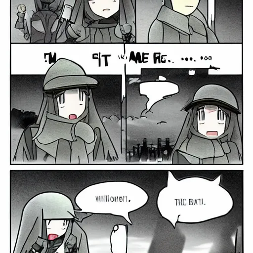 Image similar to comic drawn in pen, two panel meme, chito girls last tour, first panel contains speech bubble, fan art, anime,