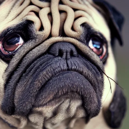 Image similar to closeup of a pug with moss growing out of its face folds, macro photography, overgrown pug, high resolution photo, trending on artstation