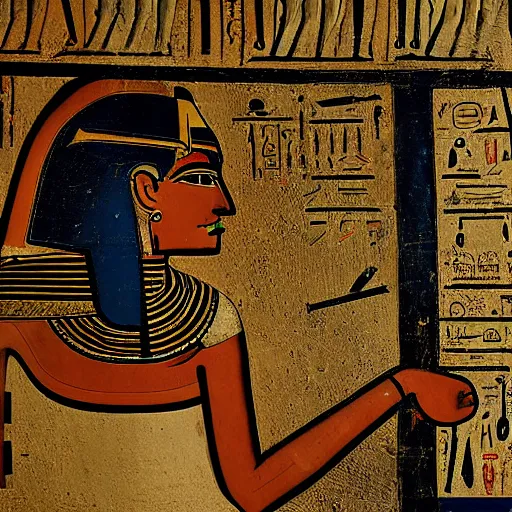 Prompt: a man using a computer, artwork by ancient egyptian mural, tomb, fresco, register, hieroglyphics.