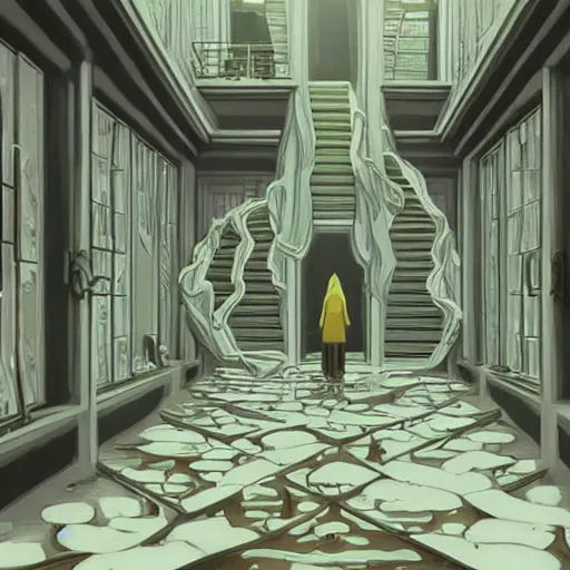 Image similar to a flood of slime in a bright white hallway with many doors and many stairs, Mc Escher architecture, epic composition, by Makoto Shinkai