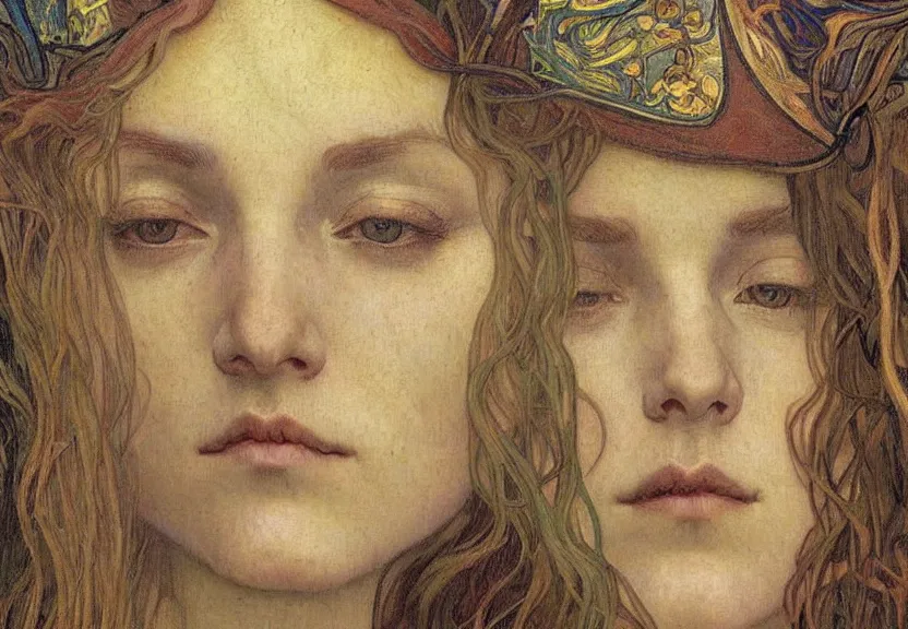 Image similar to detailed realistic beautiful young medieval queen face portrait by jean delville, alphonse mucha, vincent van gogh, and marco mazzoni, art nouveau, symbolist, visionary, gothic, pre - raphaelite