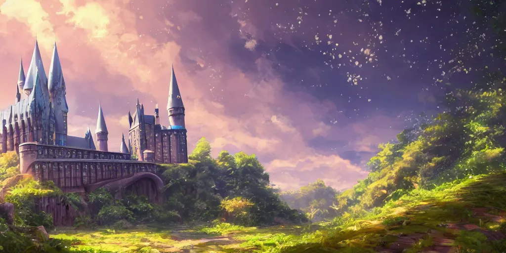 Image similar to A beautiful illustration of beautiful Hogwarts train, castle, leaves, trees, steam, magic, wide angle, by makoto shinkai, Wu daozi, very detailed, deviantart, 8k, wallpaper, tropical, colorful, airy, anime illustration, anime nature wallpap