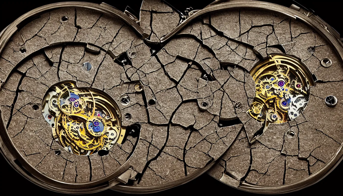 Prompt: detailed view from inside a clockwork watch, entangled roots, cracked earth, microorganisms smeared, hyper realistic photo, full colour, upscale, 8 k