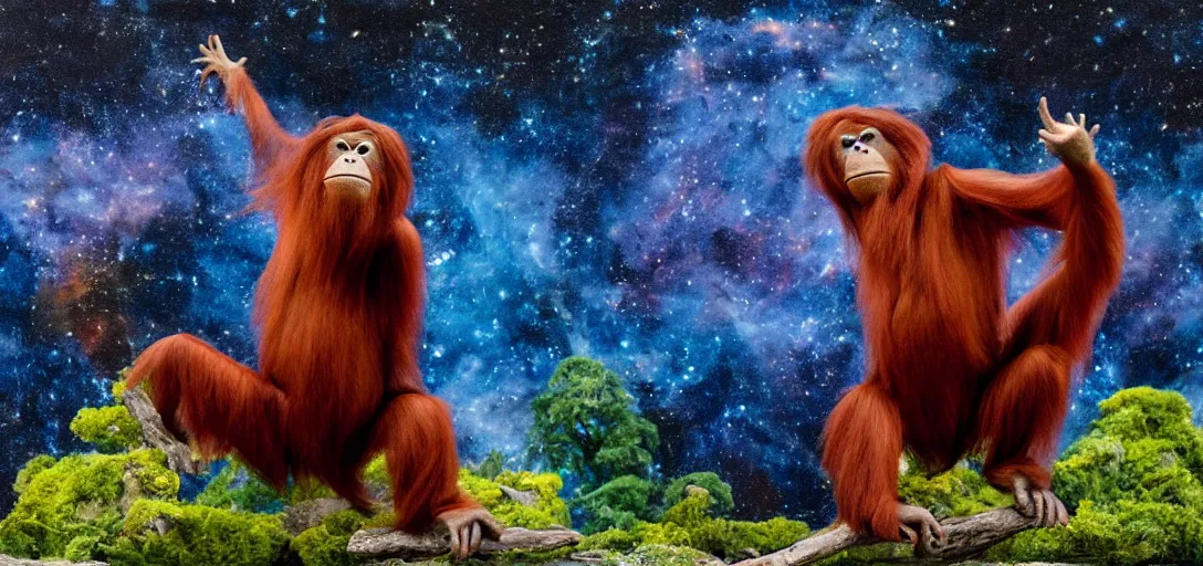 Prompt: Large diorama, celestial orangutan posing in the style of Beata Ludovica Albertoni, galaxy background