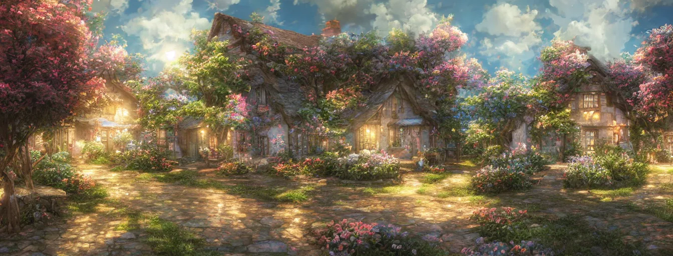 Image similar to the aesthtic view of a beautiful, dreamy, wistful cottage with light. hyperrealistic anime background illustration by kim jung gi, colorful, extremely detailed intricate linework, smooth, super sharp focus, bright colors, high contrast, matte, octopath traveler, unreal engine 5 highly rendered, global illumination, radiant light