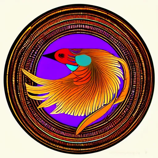 Prompt: phoenix salt bird round composition rebirth orange purple symbolism swirl tail feather graphic design Egyptian style