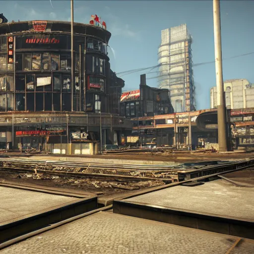 Image similar to Rotterdam Centraal Station in ruins post-nuclear war in Fallout 4, in game screenshot