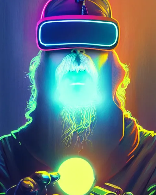 Prompt: portrait of cyber dumbledore wearing a vr set with lots of neon sitting in his room by greg rutkowski, perfect faces, fine details