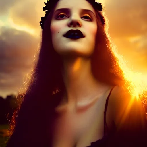 Image similar to photographic portrait of a stunningly beautiful gothic smiling alluring female in soft dreamy light at sunset, god rays, contemporary fashion shoot, by edward robert hughes, annie leibovitz and steve mccurry, david lazar, jimmy nelsson, breathtaking, 8 k resolution, extremely detailed, beautiful, establishing shot, artistic, hyperrealistic, beautiful face, octane render