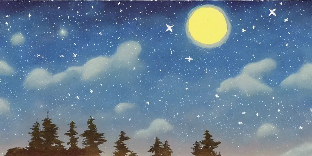 Prompt: night sky full of stars, soothing light, painting by studio ghibli - h 5 7 6