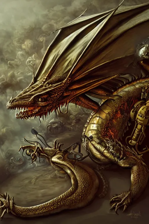 Image similar to hyper realistic dragon lying down with steam punk breathing apparatus on its back, white background, full frame, art byjon foster