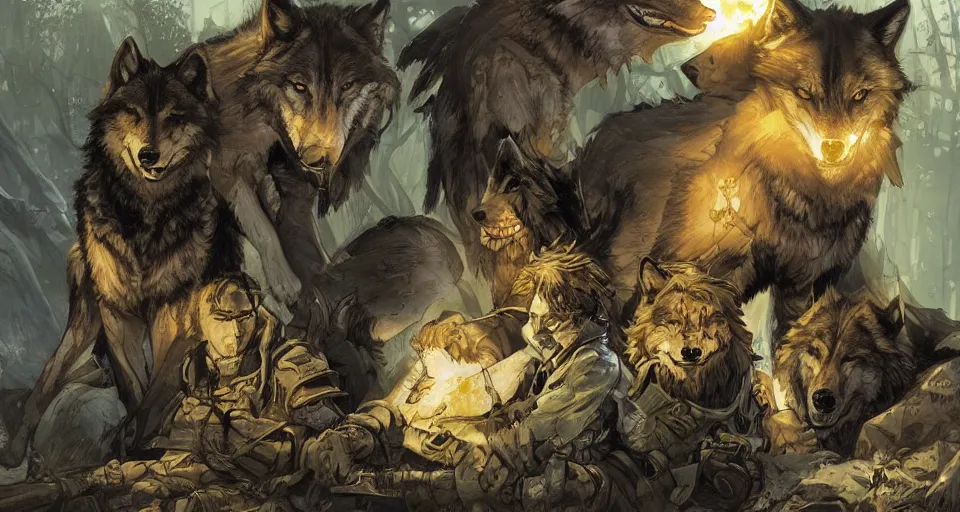 Image similar to WOLVES AND THEIR TREASURES. By Travis Charest, James Gurney, and Ashley Wood. magic lighting. Magic the gathering. digital painting.