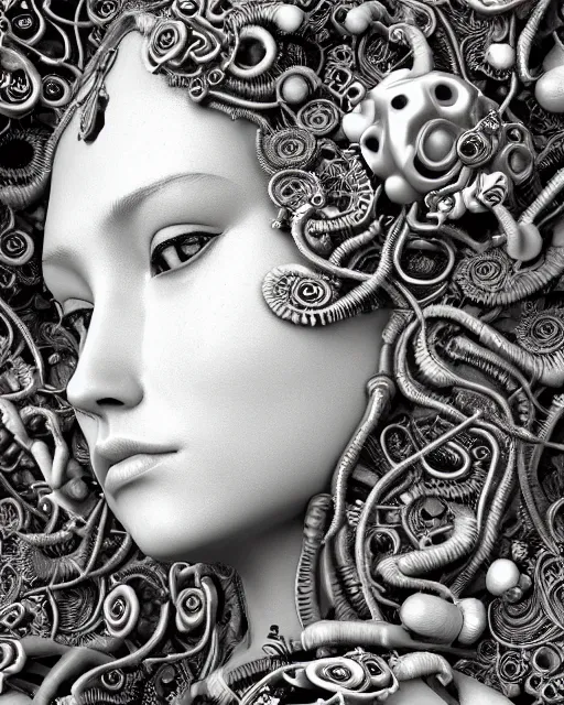 Image similar to mythical dreamy black and white organic bio-mechanical spinal ribbed profile face portrait detail of translucent steampunk beautiful siamese sisters females angelic-human-queen-vegetal-cyborg, highly detailed, intricate trnaslucent ivy jelly ornate, poetic, translucent roses ornate, 3D render, digital art, octane render, 8K artistic photography, photo-realistic, by Dora Maar