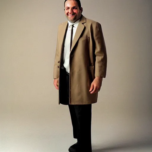 Prompt: full length shot : : clean - shaven smiling white chubby italian american man in his 4 0 s wearing a brown long overcoat overcoat overcoat overcoat and necktie and black shoes shoes shoes holding a burger, 2 0 0 6 advertising promo shot