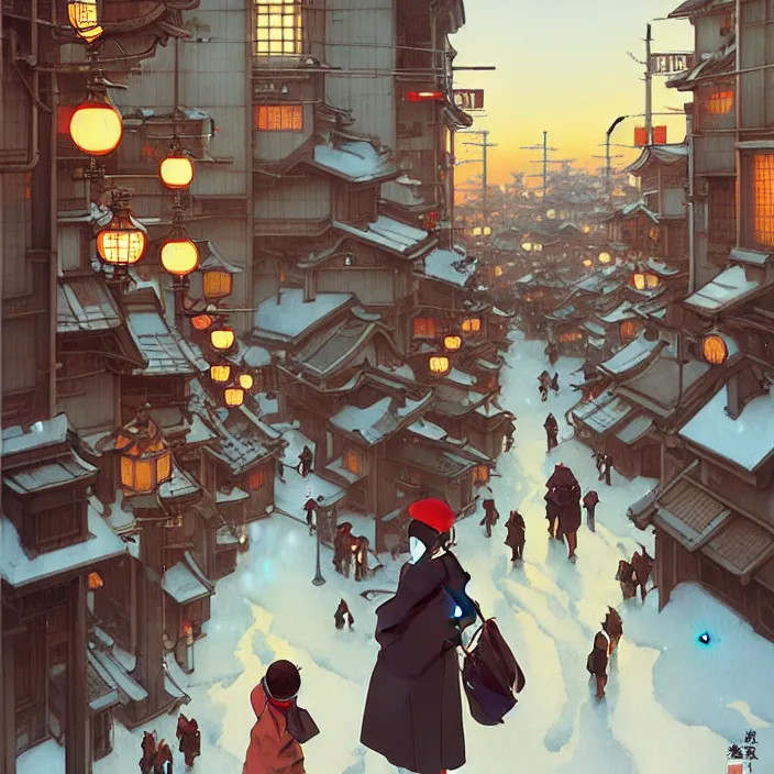 Image similar to japanese big city, winter, in the style of studio ghibli, j. c. leyendecker, greg rutkowski, artem