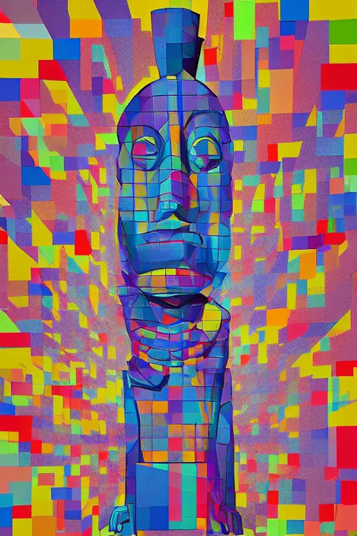 Image similar to cubist moai statue cutout digital illustration cartoon colorful beeple