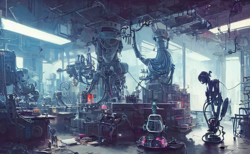 Prompt: robot repair shop, girl working on a robot, neons, indoor, concept art by greg rutkowski and james gurney