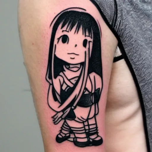 Image similar to Shoujo ai manga style japanese ninja schoolgirl by Hayao Miyazaki, studio ghibli, sakura festival, tattoo on upper arm