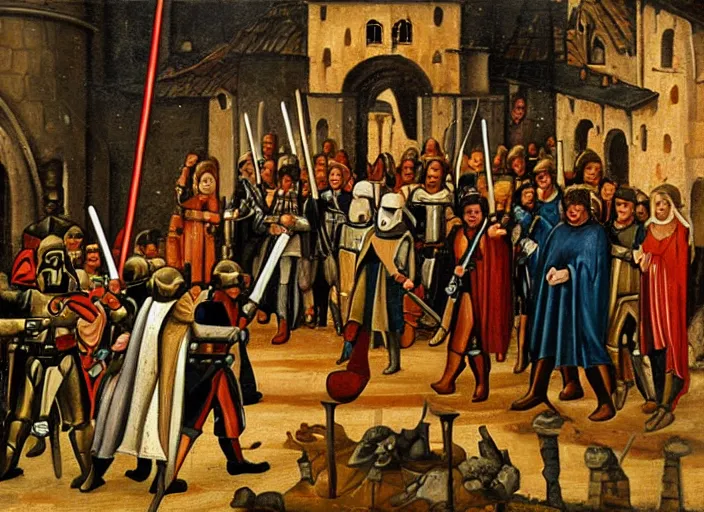 Image similar to medieval oil painting depicting star wars events, realistic, sharp, detailed