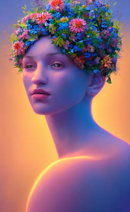 Image similar to a beautiful oil painting hyperrealism of a beautiful woman, flowers, floral headdress, 8 k resolution, octane render, trending on artstation, by gediminas pranckevicius, volumetric light 2 blue fractal thunder glow by dan mumford, anaglyph effect, laurie lipton