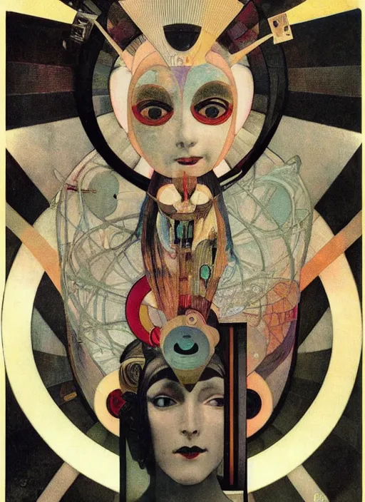 Image similar to cute punk goth fashion fractal alien martian girl with a television head wearing kimono made of circuits and leds, surreal Dada collage by Man Ray Kurt Schwitters Hannah Höch Alphonse Mucha