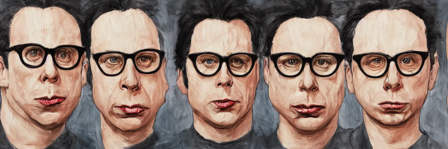 Prompt: colorful painting of character face study, realistic todd solondz and john travolta, glasses, disturbed, angry, character sheet, fine details, concept design, contrast, kim jung gi, pixar and da vinci, 8 k, emotional, face turnaround 3 6 0, front view, back view, side view, ultra wide angle