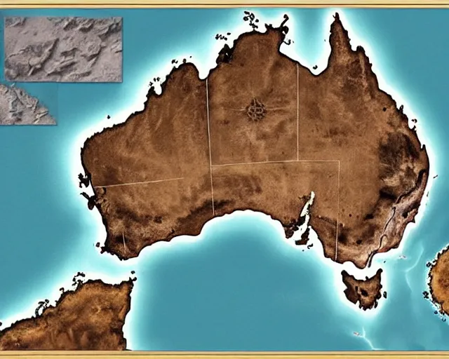 Image similar to recently rediscovered map of Australia with river systems and topology, lifelike, super highly detailed, professional digital painting, artstation, concept art, smooth, sharp focus, extreme illustration, Unreal Engine 5, Photorealism, HD quality, 8k resolution, cinema 4d, 3D, beautiful, cinematic, art by artgerm and greg rutkowski and alphonse mucha and loish and WLOP