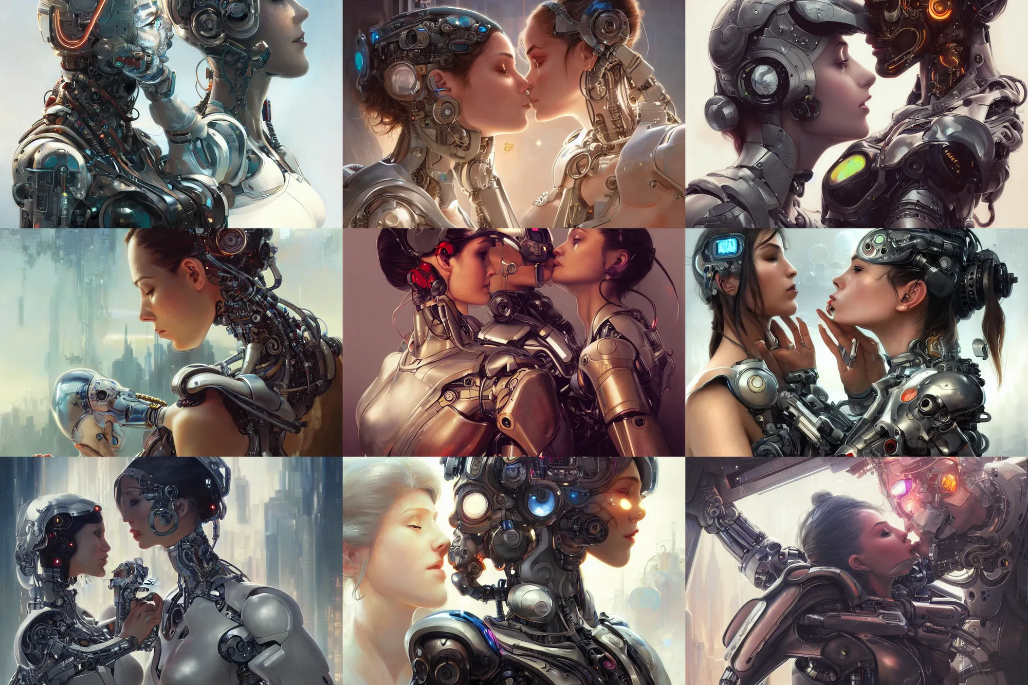 Prompt: Ultra realistic illustration, woman, cyborg and robot kissing each other, cyberpunk, sci-fi, fantasy, intricate, elegant, highly detailed, digital painting, artstation, concept art, smooth, sharp focus, illustration, art by artgerm and greg rutkowski and alphonse mucha