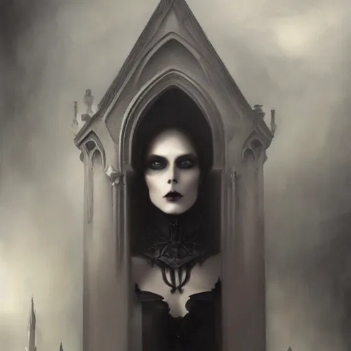 Prompt: By Tom Bagshaw, ultra realist soft painting of a gothic crypt by night, Female vampire smile and dressed, horror, omnious sky, symmetry accurate features, very intricate details, black and white, volumetric light clouds