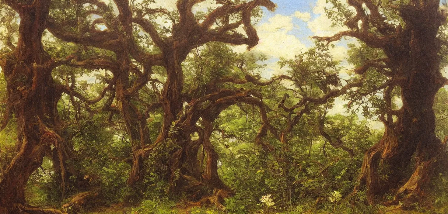 Image similar to Huge flowers growing on tree trunks and holes in buildings, Hudson River school