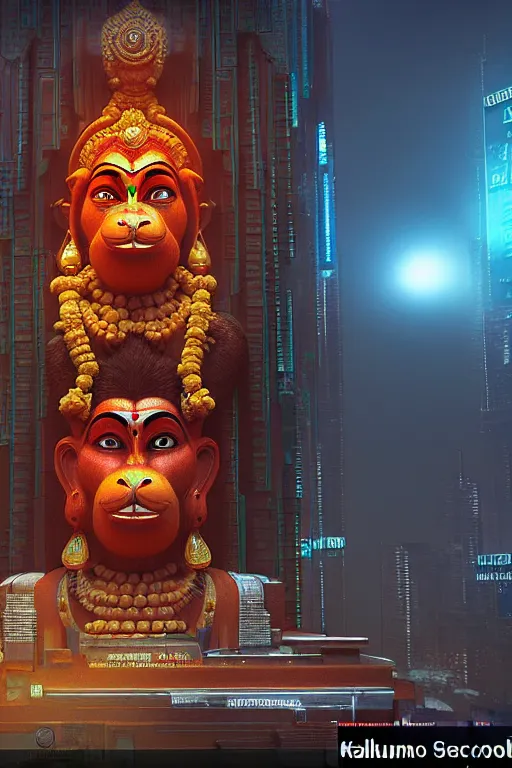 Image similar to high quality 3 d render cyberpunk mumbai!, kalighat! hanuman head highly detailed, cinematic smooth unreal engine, lee madgwick & yuto yamada, hard morning light, long shot, low angle, uhd 8 k, sharp focus