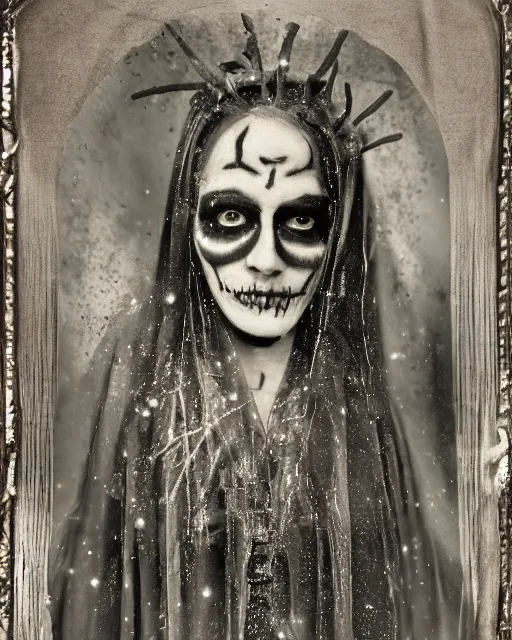 Image similar to tintype virgin mary dressed in dia de muertos makeup high quality photo, microchip, artificial intelligence, bio - mechanical bio - luminescence, black wired cables, neurons, nerve cells, cinematic, rim light, photo - realistic, high detail, 8 k, masterpiece, high fashion, in the style of steven meisel dora maar h. r. giger