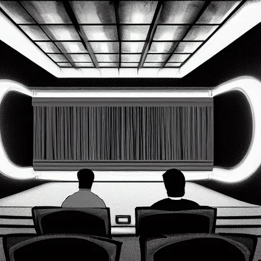 Prompt: “inside of a movie theater showing a movie about monkeys, digital art, Art Deco, award winning”