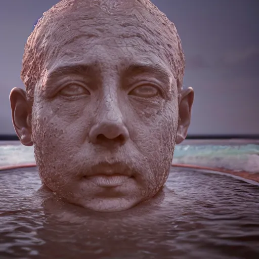 Image similar to a water sculpture of a human head on the ocean water, water manipulation photoshop, behance, ray tracing, cinematic, in the style of johnson tsang, long shot, hyper detailed, hyper realistic, 8 k resolution, sharp focus, realistic water, award winning