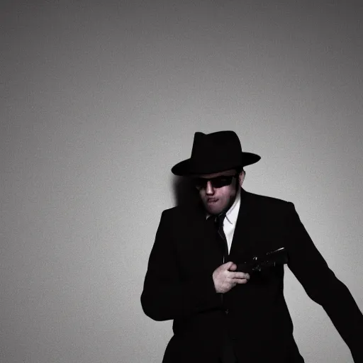 Image similar to serious looking man in a black suit and black fedora hat. he has a big silver gun, 4 k, atmospheric, epic scene, strong shadows, high contrast