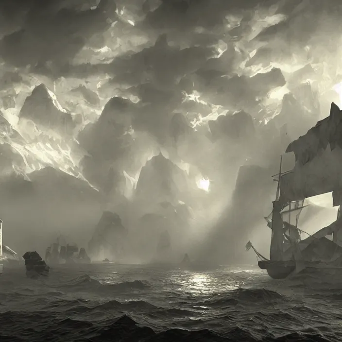 Image similar to an underwater settlement painted by, mc escher, gordon onslow ford, georgia o'keeffe and ivan aivazovsky, cinematic light, god rays, unreal engine, zbrush central,