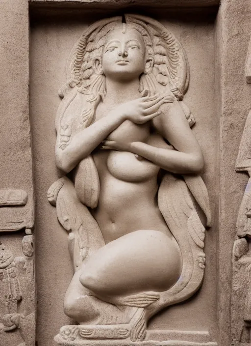 Prompt: photograph of a bas relief of lindsey pelas found in an ancient hindu temple, by charlotte grimm, natural light, detailed face, canon eos c 3 0 0, ƒ 1. 8, 3 5 mm, 8 k, medium - format print, half body shot