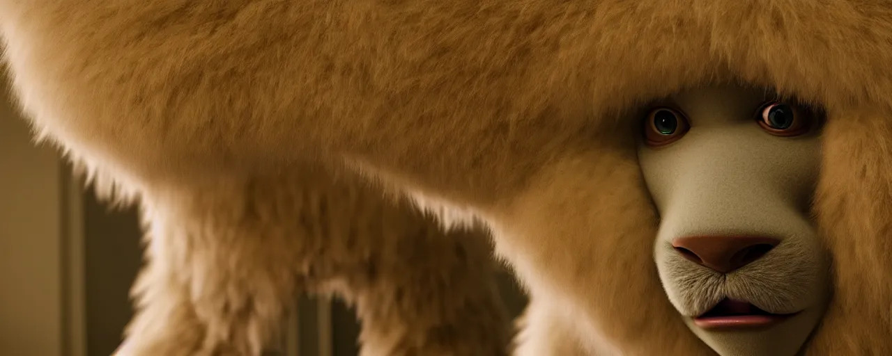 Image similar to a strange huge fluffy furry creature sits in the living room, film still from the movie directed by denis villeneuve with art direction by zdzisław beksinski, close up, telephoto lens, shallow depth of field