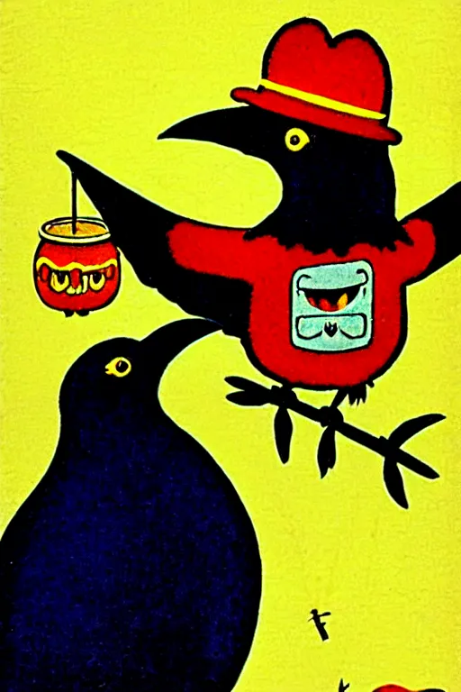 Image similar to by richard scarry. a raven laughing at a scarecrow. a 1 9 5 0 s retro illustration. studio ghibli. muted colors, detailed