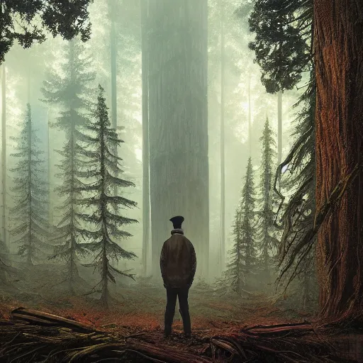 Image similar to a man standing in the middle of a forest, a detailed matte painting by mike beeple winkelmann, behance contest winner, magical realism, lovecraftian, concept art, reimagined by industrial light and magic