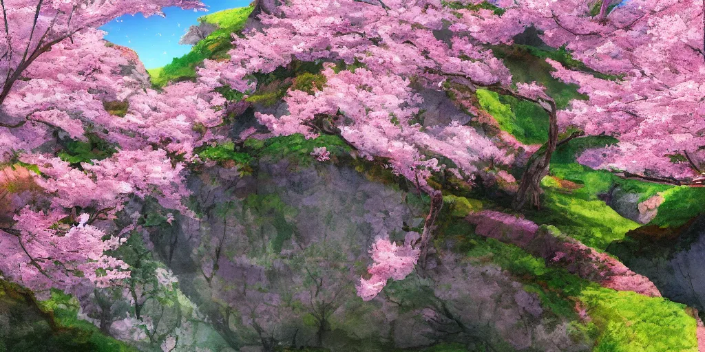 Prompt: sakura blossom in the mountains by studio ghibli